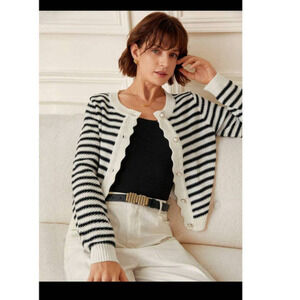 Frenchy Striped Pattern Scallop Trim Button Front Cardigan
